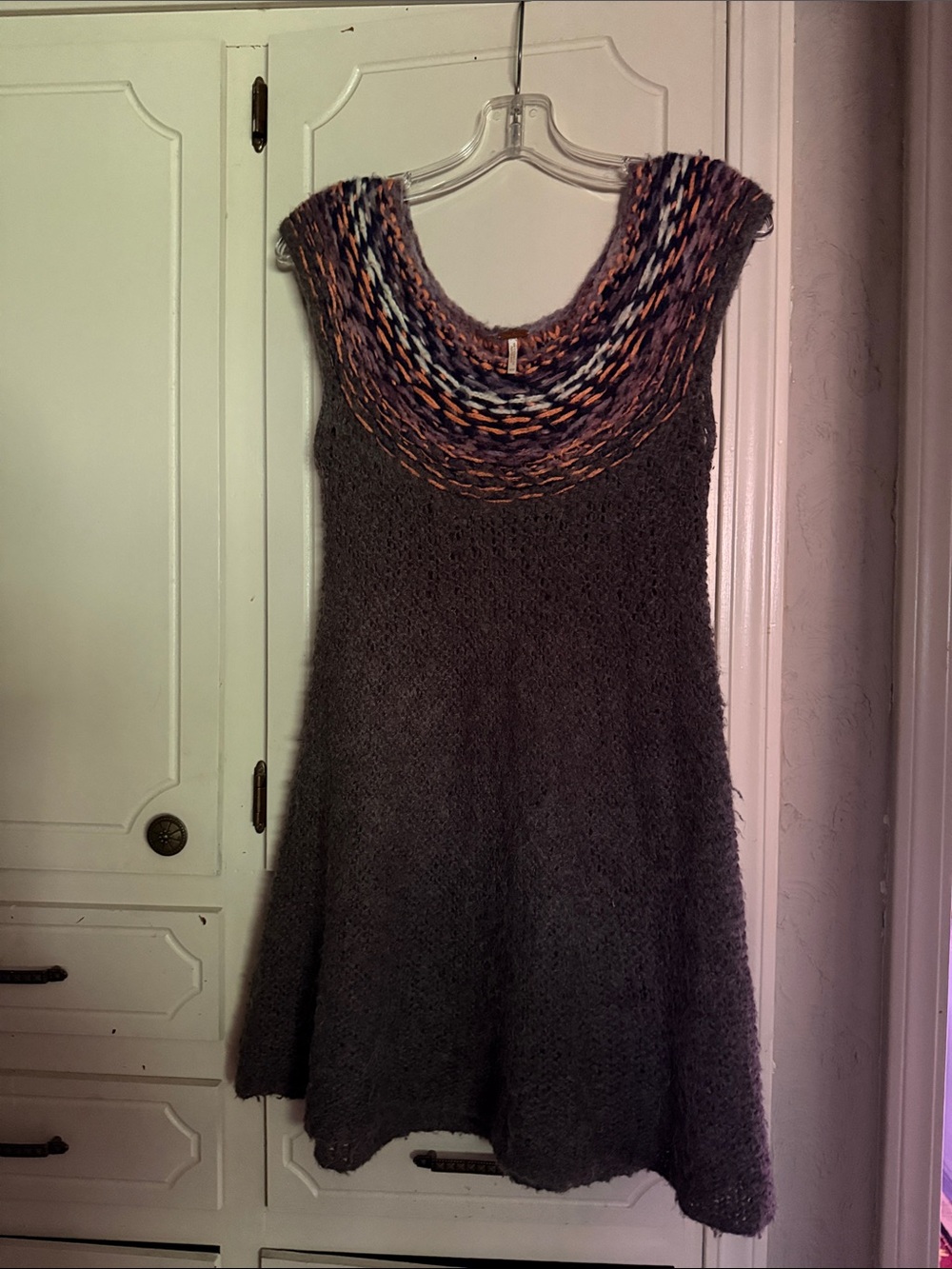 Free People Gray Knit Dress with Multicolor Crochet Scoop